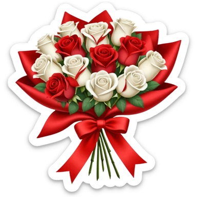 one red flower and one white flower in bouquet with red band sticker