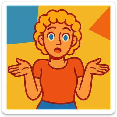 woman with short curly blonde hair and blue eyes, shrugging, modern illustration style sticker