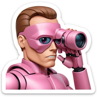 schwarzenegger-looking half robotic half human pink terminator looking through two-eyed binocular, viewed from an angled perspective sticker