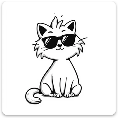 white long-haired cat with black sunglasses, hand-drawn doodle style sticker