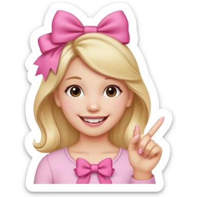 Chica sonriendo con un lazo rosa en la cabeza y mordiendose la punta del dedo indice con delicadeza y la otra mano que no salga sticker