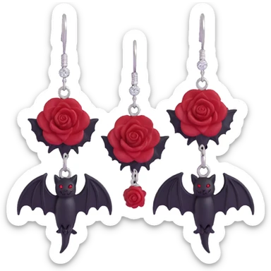 gothic earrings with crimson velvet bows, black bat charms, deep red rose accents, dramatic and gothic sticker