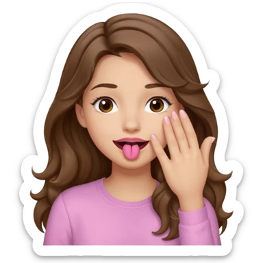 girl with wavy long brown hair, brown eyes, light to medium complexion, long lashes, light pink lipstick, wearing light pink shirt, sexy, gigling hand covering mouth sticker