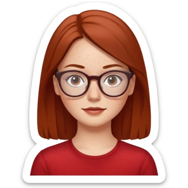 Make a white girl with freckles on her face, with glasses, light brown glasses, dark straight hair and with a red top sticker