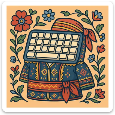 cartoon keyboard theme inspired by traditional Kurdish clothing, background with Kurdish floral patterns and bright colors, keys with soft cartoonish borders sticker