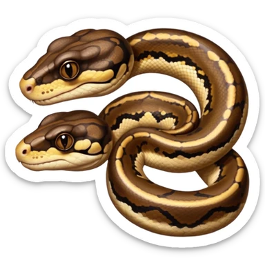 A photo-realistic digital illustration of a Ball Python, large headshot portrait. The snake has a short, rounded snout, smooth contours, and a calm, curious expression. Its head is warm brown with bold, irregular dark markings, including the signature “alien-head” pattern.  sticker