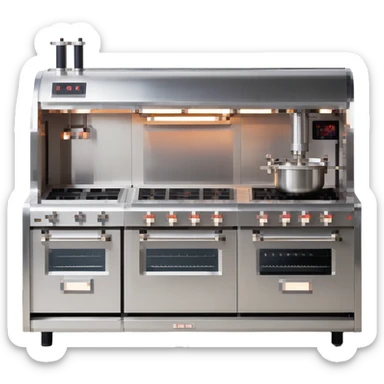 A robotic baker with stainless steel limbs, built-in mixers, and a retro-futuristic oven. The environment is industrial-chic: brushed metal surfaces, LED panels, and mechanical arms. UI mimics control panels with toggle switches, rivets, and analog dials. sticker