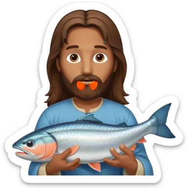Jesus with long brown hair and a long beard holding a salmon sticker