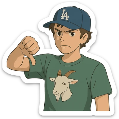 young man with a goat t-shirt, Dodgers hat, giving a thumbs down, ghibli style sticker