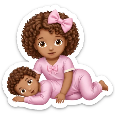 Brown skin 6 month old baby with brown curly hair down laying down with satin baby pink onesie and white bow sticker