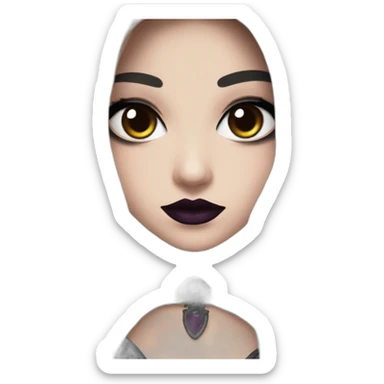 an emote of a gothic girl with brown long hair, black eyeliner and a dark plum lipstick for twitch sticker