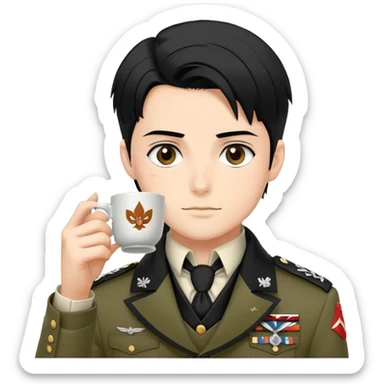 Levi Ackerman drinking tea, with black undercut hair, Scout Regiment uniform and cravat sticker