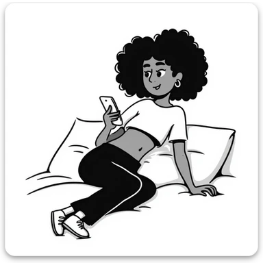Brown-skinned teenage girl with curly black hair lying on bed looking at cellphone, heavy makeup, big lips, tight crop top, hoop earrings, choni style urban clothing sticker