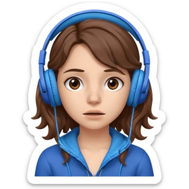 An upset girl with wavy hair listening to music with blue headphones sticker
