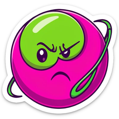 magenta pink planet with swirls and an angry scowling face sticker