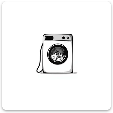 front-loading washing machine with clothes inside sticker