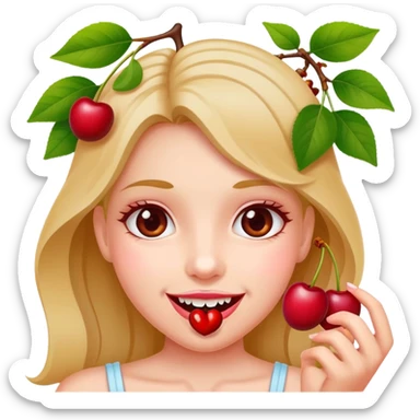 Girl holding cherry vine in between teeth with pink cherries at the end  sticker