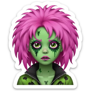girl, green zombie,pink afro, long, emo, shaggy, dark, spooky,creepy expression sticker