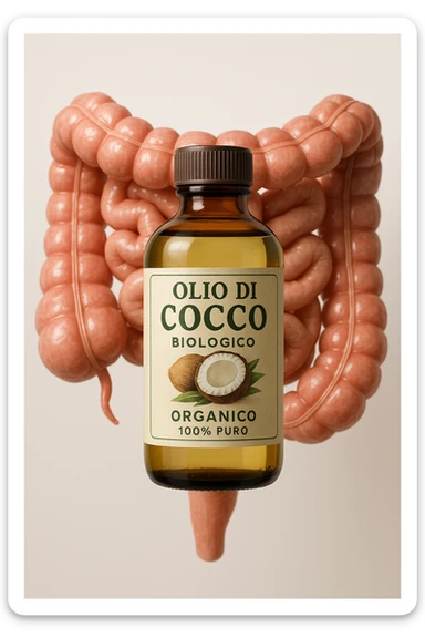 BOCCETTA DI OLIO DI COCCO BIOLOGICO (FAI UN ETICHETTA SUL PRODOTTO IN ITALIANO) CHE FLUTTUA IN ARIA DAVANTI A UN INTESTINO UMANO ANATOMICO IN PERFETTA SALUTE, SFONDO CHIARO, iperrealistico 4k sticker