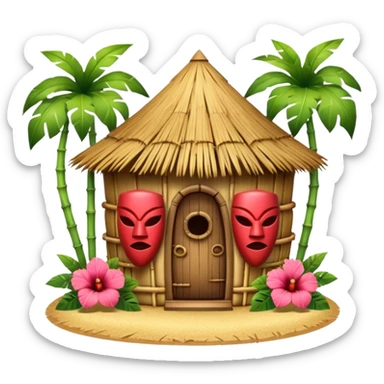 Hawaiian tiki hut house, round tropical hut, bamboo details, thatched roof, tiki masks decoration, hibiscus flowers, cute mobile game icon, 3D cartoon, clean background, no text sticker