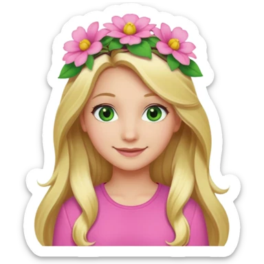 Girl profile picture with long blonde hair and green eyes and a flower in her hair. and a pink outfit sticker
