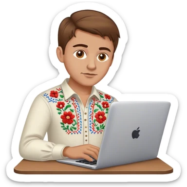 A Ukrainian guy with brown hair in an embroidered shirt works at his laptop sticker