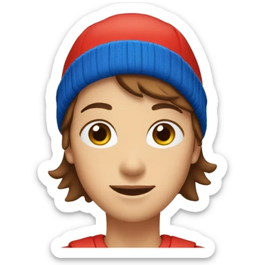 brown short hair, blue eyes wearing red beanie sticker