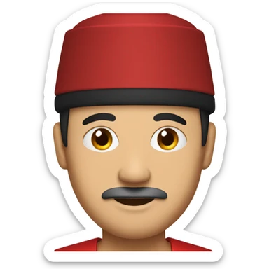 man wearing red fez with a black tassel sticker