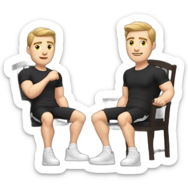 Pale skinned Fit Man With the biceps and dark brown hair in black shirt, gray sports shorts and white Sneakers Sitting on a chair sticker