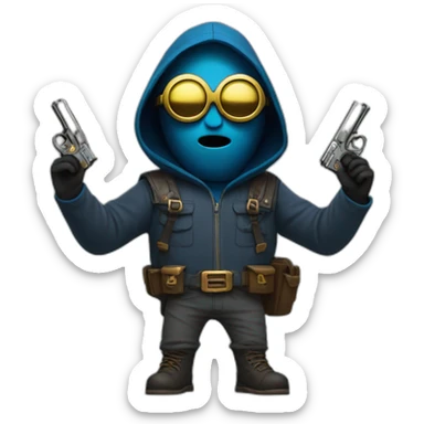 no face normal minion with glasses in hood in blue sleeveless shirt with with raised hands and pistols in each with a gold insert on the belt in gray pants and leather boots sticker