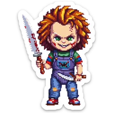 Chucky with wild hair, evil grin, holding a bloody knife sticker