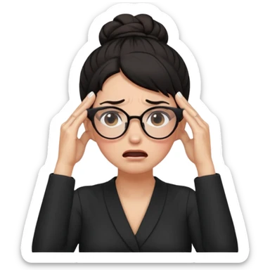 dark haired woma with hair a high bun, wearing glasses covering ears and crying sticker