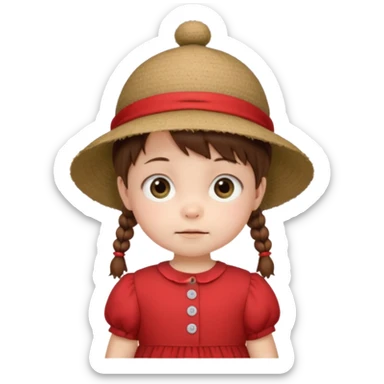 baby girl with brown hair and pigtails with a hat and red dress like My Neighbor Totoro movie sticker