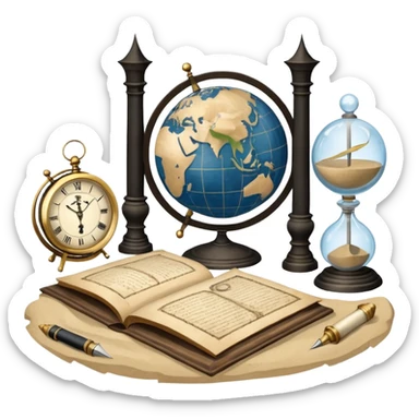 An icon featuring ancient scrolls, a quill pen, and large, old-fashioned sand clocks, symbolizing the study of history. The design includes a globe and a timeline with significant historical events, set against ruins to evoke past civilizations. Transparent background highlights the passage of time. sticker