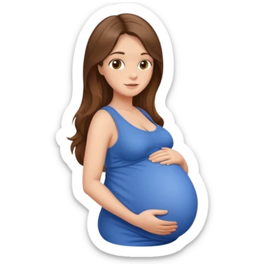 Pregnant woman with long brown hair and hazel eyes. Big belly wearing blue sticker