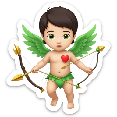cupid asian baby flying full body with wings with brown eyes and dark hair handled bow and arrow directed to green emoji heart sticker