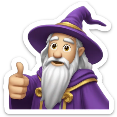 selfie wizard style of Merlin, with thumbs up sticker