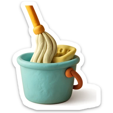 close-up of mop wringing out in a bucket, soft lighting, pastel colors, claymation style sticker