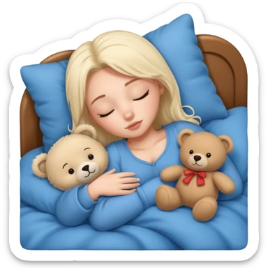 single-girl-in-Warm Cream-cozy-blue-bed-sleeping-pretty-eyelashes-light-skin-with toy sticker
