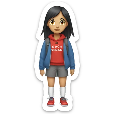 Penelope (a girl who had black hair in a short ponytail, wears a gray hoodie with red text that reads "KUCHI KUKAN" in it with a graphic on the bottom of the text, black shorts, gray socks, red shoes, & carries her blue backpack) sticker