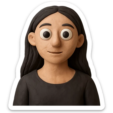 claymation style white woman with rounded brown eyes, long black hair, black blouse sticker