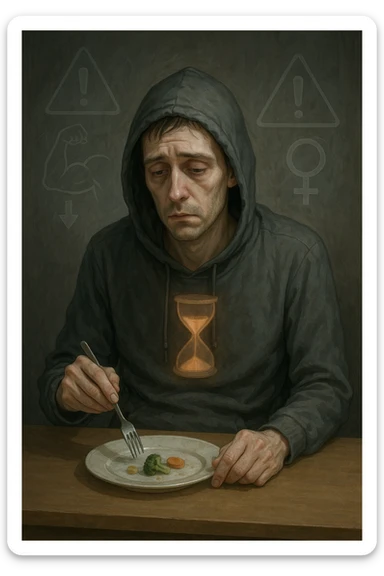 Undereating man in his 30s sitting at a table with a very small meal, looking fatigued and cold, wearing a hoodie indoors. His body appears skinny but soft, lacking muscle tone. Pale complexion, tired eyes, posture slouched. A faint hourglass inside his body glows dimly, symbolizing slowed metabolism. In the background, warning signs or ghostly outlines of potential health risks like muscle loss and hormonal imbalance. Mood: somber, undernourished, risky behavior. sticker
