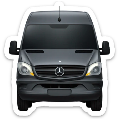 Dark grey Mercedes sprinter van with two yellow headlights in center above bumper sticker