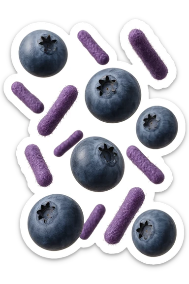 mirtilli fluttuano in aria insieme a 6 batteri intestinali viola, iperrealistico 4k sticker