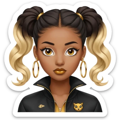 “black Emoji girl, fierce confident expression, sharp black winged eyeliner, bold brows, matte nude lips, long curled lashes, sleek high ponytail, gold hoop earrings, sporty streetwear jacket.” sticker