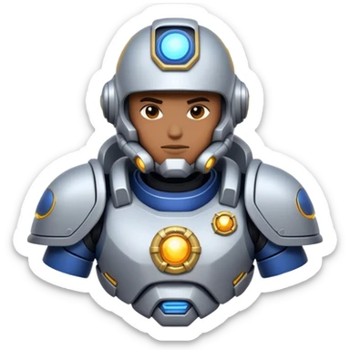 Clash of Clans aesthetic: Cinematic heroic Terran Marine Hero close up Emoji, rendered in a 3D vector-style similar to standard emojis with minimal shading and bold, simplified shapes. A compact, heroic isometric figure clad in futuristic power armor with signature energy accents, softly glowing with a cosmic battle charm. Simplified yet unmistakably iconic, highly detailed and consistent, glowing with a soft radiant shine and high gloss. Stylized with a touch of interstellar valor and a soft glowing outline, capturing the essence of an elite space warrior with a friendly, playful manner! sticker