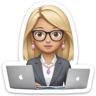 Please take the girl with laptop emoji and make her glassess light brown, her eyes ocean blue and her nose a bit smaller and pointier and she has blonde very long hair and a dark grey suit and pearls necklace, and has a laptop in fron of her and a tiny pink bow on the left side of her head sticker