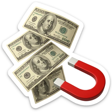 cinque banconote fluttuano in aria attratte da una calamita rossa, iperrealistica 4k, isolato su sfondo bianco sticker