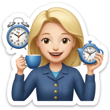a girl laughing with her eyes closed with a clock and tea in her hands sticker