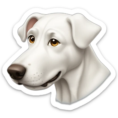 big white dog with one brown ear sticker
